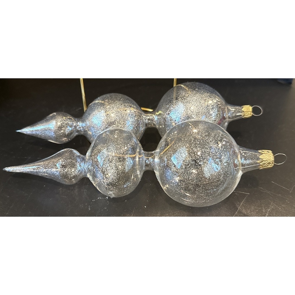 Clear Iridescent Blown Glass Christmas Ornament Teardrop Finial Silver Glitter 2